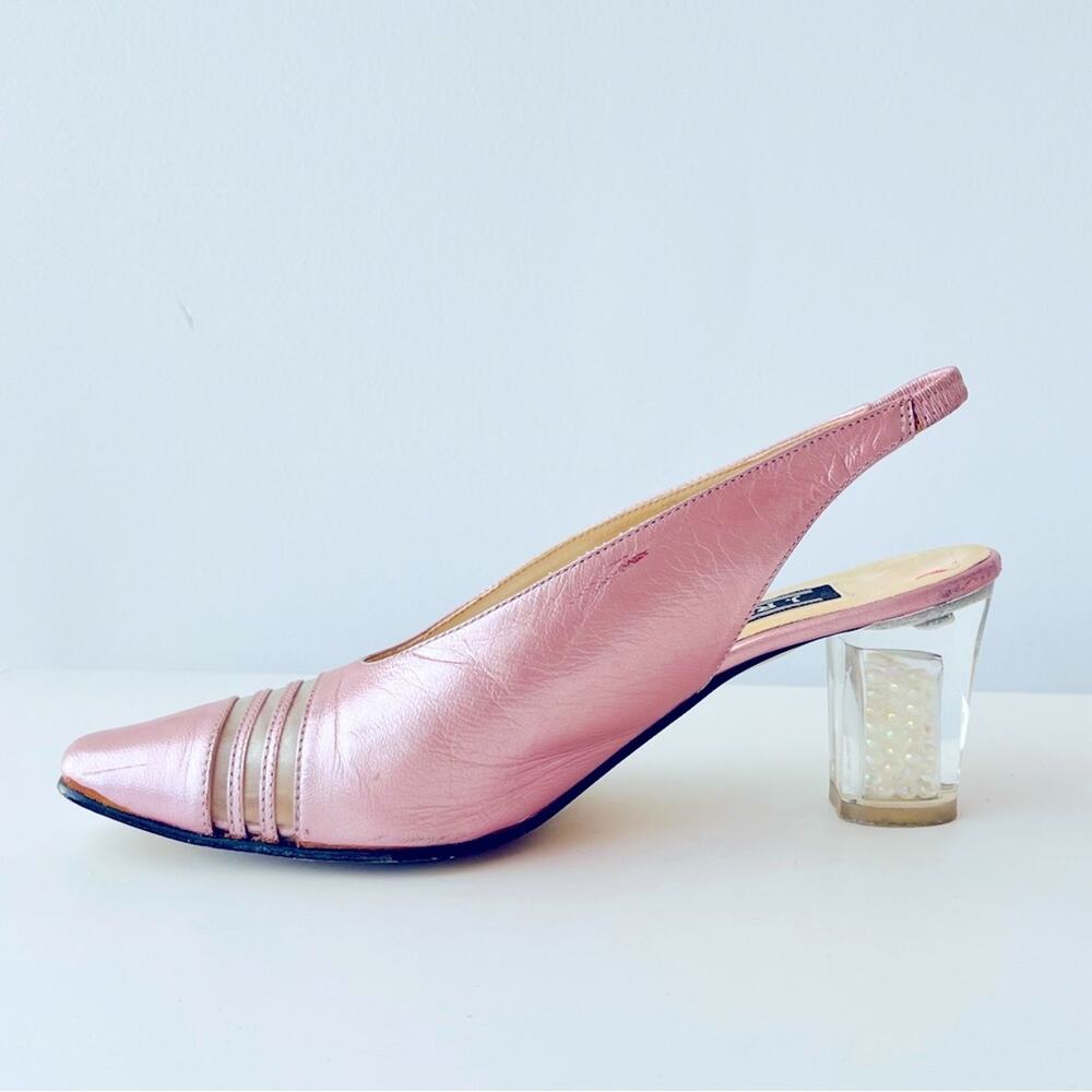 Vintage Pink Leather  Slingback Pumps Clear Lucite Block Heel with Pearls Inside